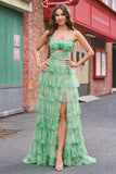 Green Floral A-Line Chiffon Tulle Long Prom Dress with Slit