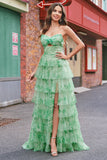 Green Floral A-Line Chiffon Tulle Long Prom Dress with Slit