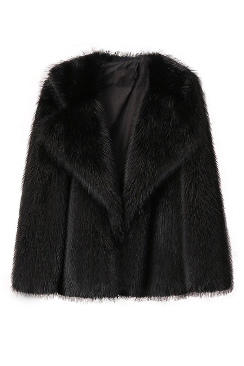 Black Notched Lapel Long Sleeves Faux Fur Short Coat