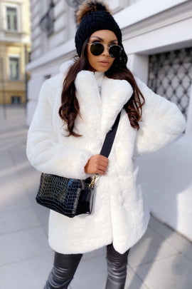 White Fluffy Women's Fur Coat with Pockets