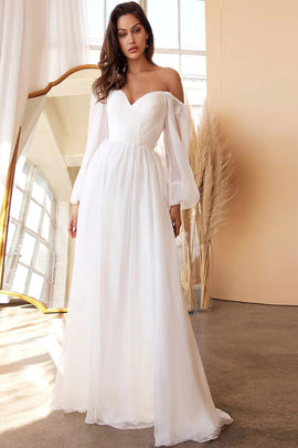 White A-Line Off the Shoulder Long Sleeves Ruched Wedding Party Dress