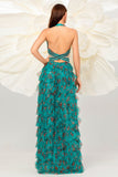 Dark Green Floral Halter A Line Tulle Prom Dress with Slit