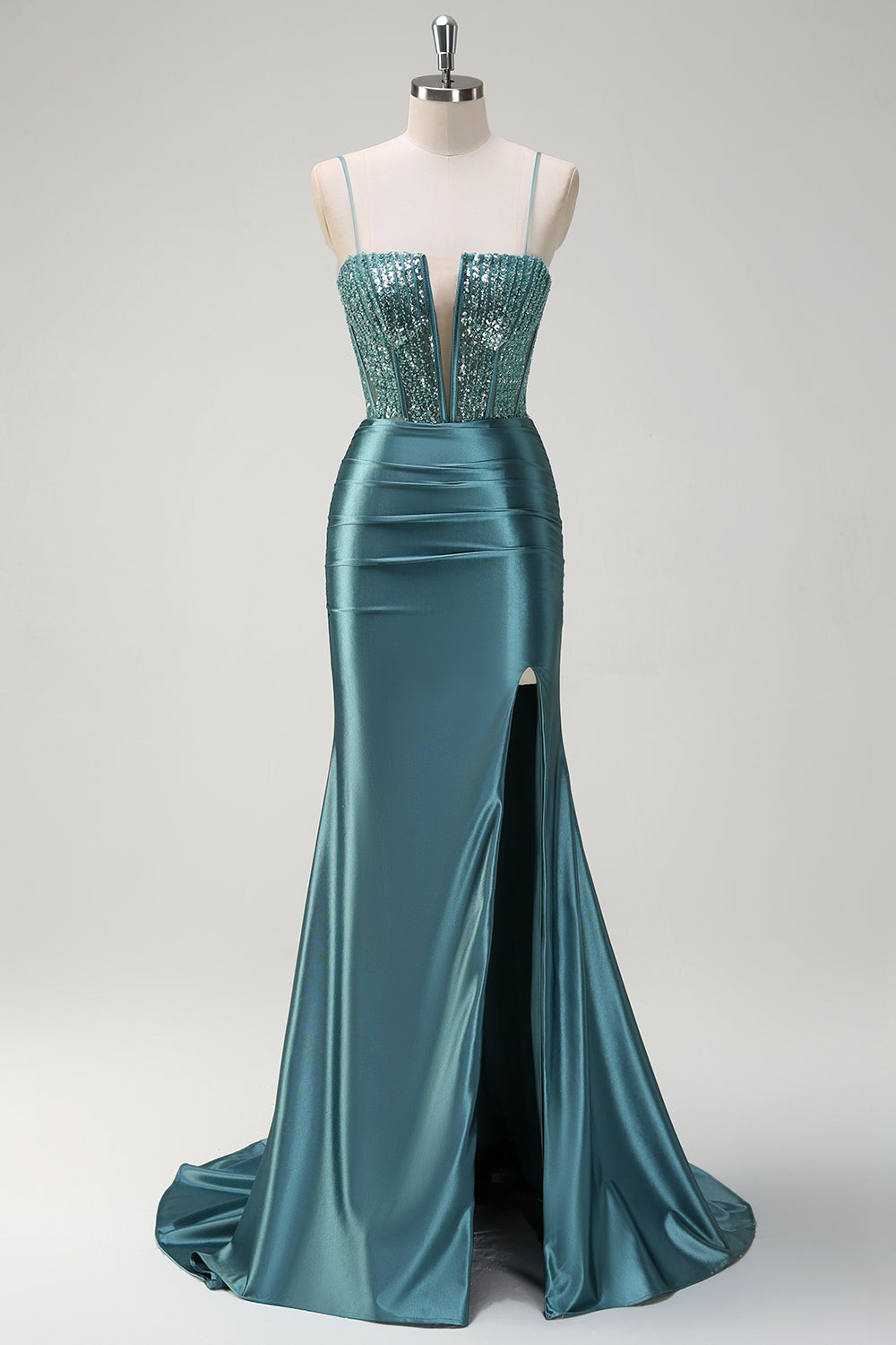 Sparkly Dark Green Mermaid Spaghetti Straps Beaded Long Prom Dress with Slit