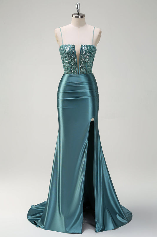 Sparkly Dark Green Mermaid Spaghetti Straps Beaded Long Prom Dress with Slit