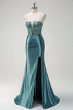 Sparkly Dark Green Mermaid Spaghetti Straps Beaded Long Prom Dress with Slit