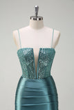 Sparkly Dark Green Mermaid Spaghetti Straps Beaded Long Prom Dress with Slit