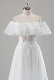 Ivory Off the Shoulder A-Line Wedding Dress with Appliqued Lace