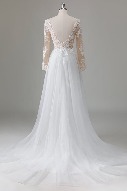 Ivory V-Neck Long Sleeves Appliqued Wedding Dress with Slit