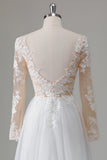 Ivory V-Neck Long Sleeves Appliqued Wedding Dress with Slit