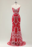 Sparkly Red Mermaid Sweetheart Long Prom Dress With Beadings