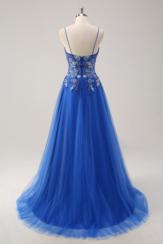 Royal Blue A-Line Applique Spaghetti Strap Prom Dress with Slit