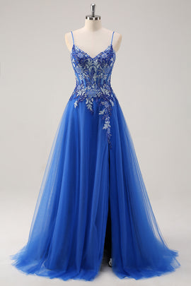 Royal Blue A-Line Applique Spaghetti Strap Prom Dress with Slit