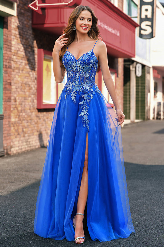 Royal Blue A Line Applique Spaghetti Strap Tulle Prom Dress with Slit