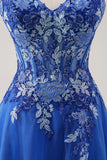 Royal Blue A-Line Applique Spaghetti Strap Prom Dress with Slit