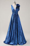 Sparkly Royal Blue Pleated A-Line V-Back Prom Dress