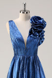 Sparkly Royal Blue Pleated A-Line V-Back Prom Dress