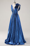 Sparkly Royal Blue Pleated A-Line V-Back Prom Dress