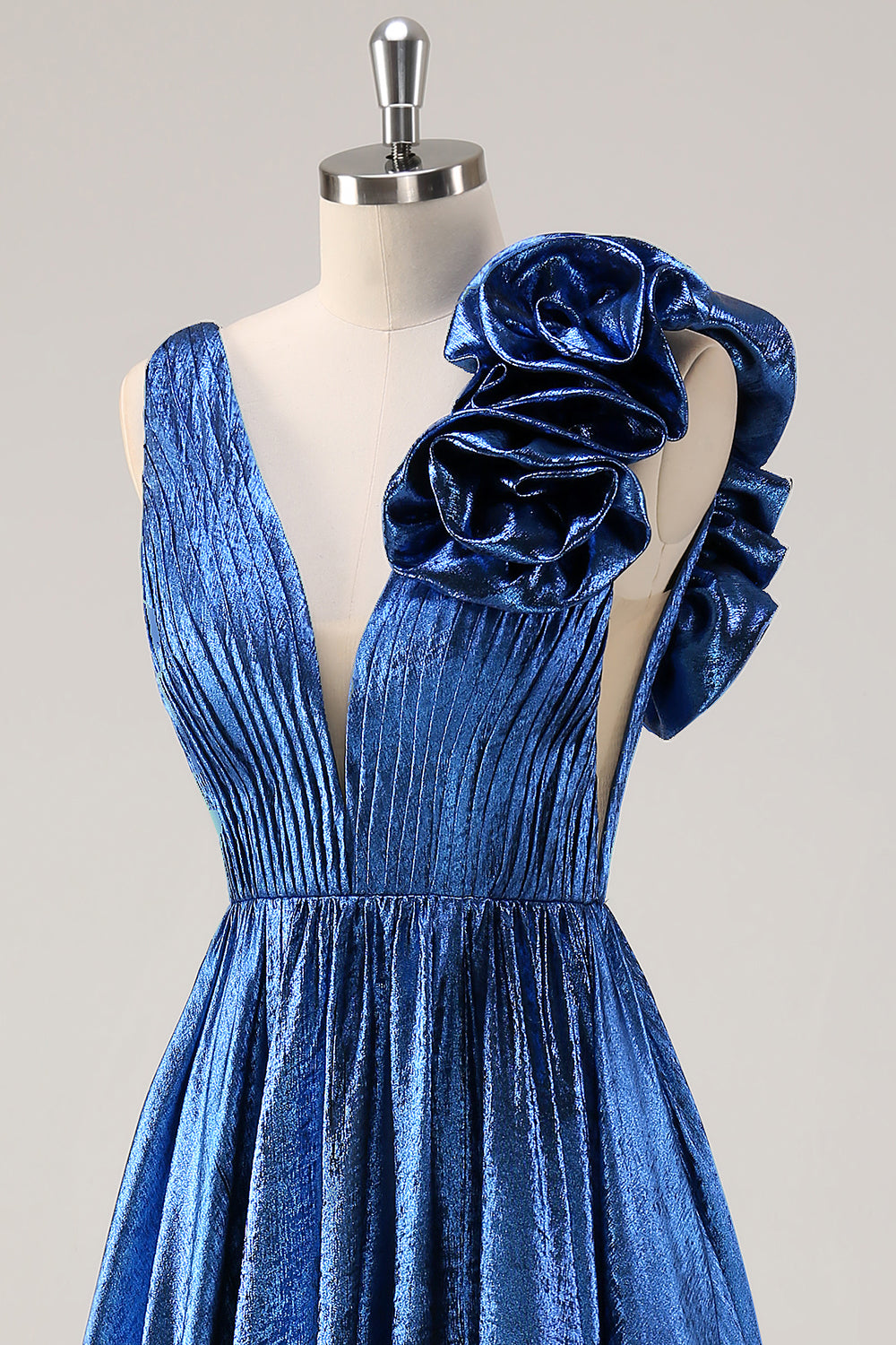 Sparkly Royal Blue Pleated A-Line V-Back Prom Dress