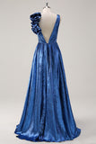 Sparkly Royal Blue Pleated A-Line V-Back Prom Dress