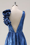 Sparkly Royal Blue Pleated A-Line V-Back Prom Dress