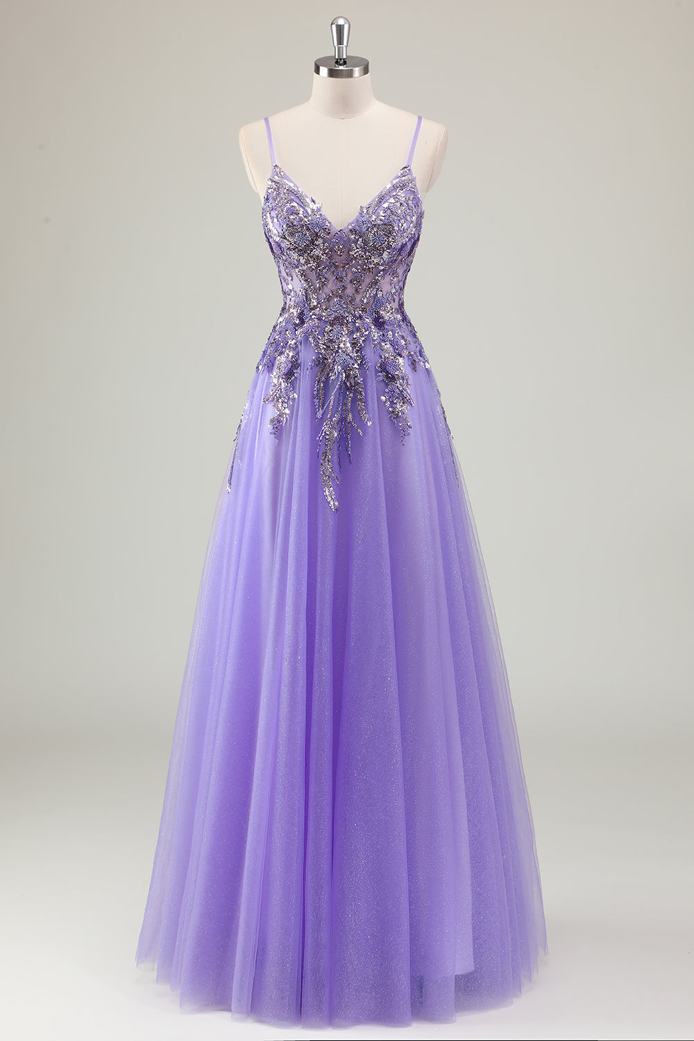 Sparkly Purple A-Line Applique Spaghetti Strap Prom Dress