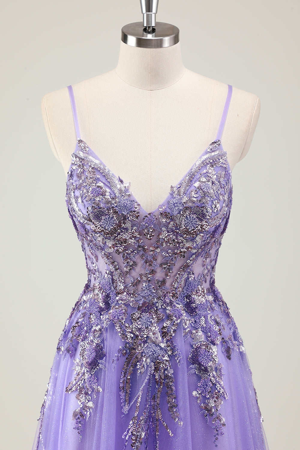 Sparkly Purple A-Line Applique Spaghetti Strap Prom Dress