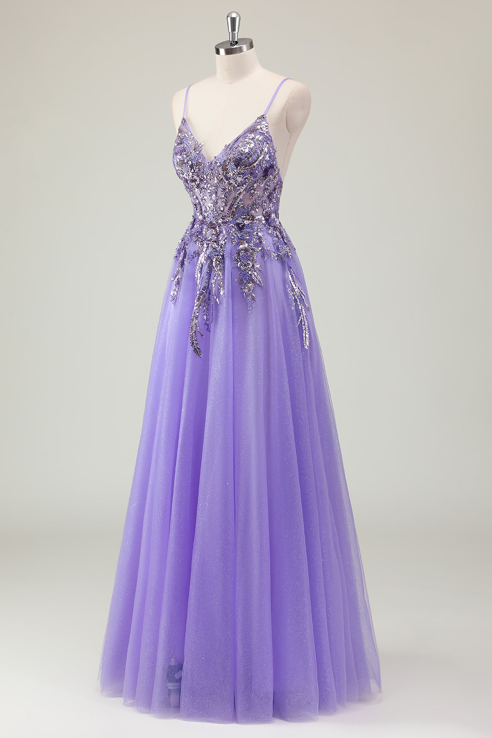 Sparkly Purple A-Line Applique Spaghetti Strap Prom Dress