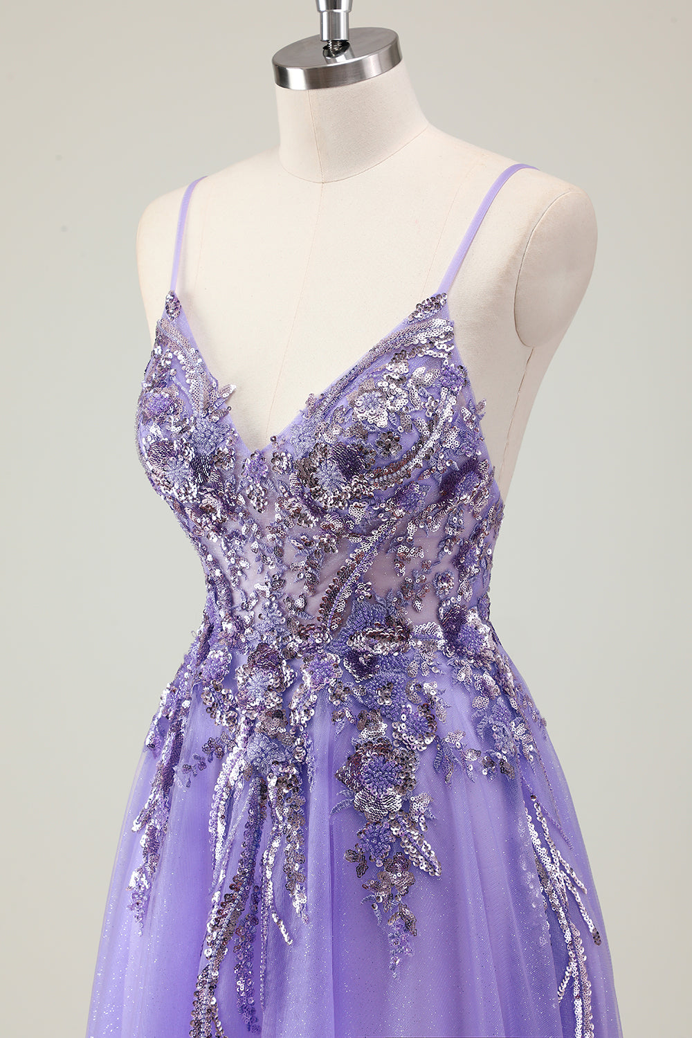 Sparkly Purple A-Line Applique Spaghetti Strap Prom Dress