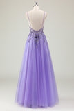 Sparkly Purple A-Line Applique Spaghetti Strap Prom Dress