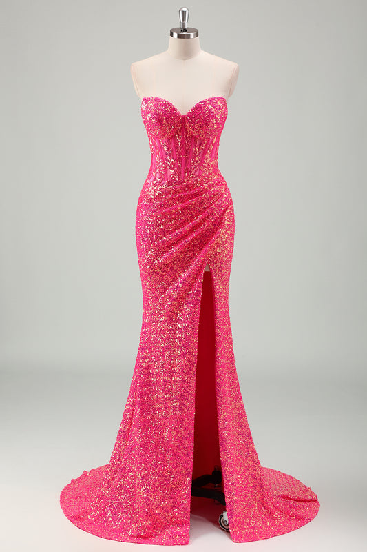 Mermaid Sparkly Sweetheart Fuchsia Long Prom Dress With Slit