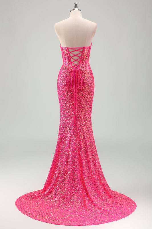 Mermaid Sparkly Sweetheart Fuchsia Long Prom Dress With Slit