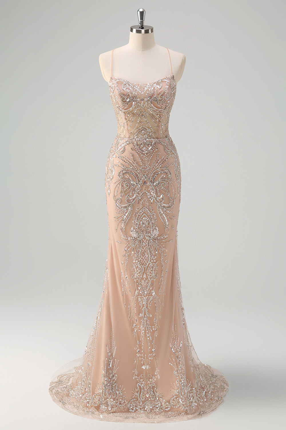 Sparkly Mermaid Champagne Spaghetti Straps Long Prom Dress