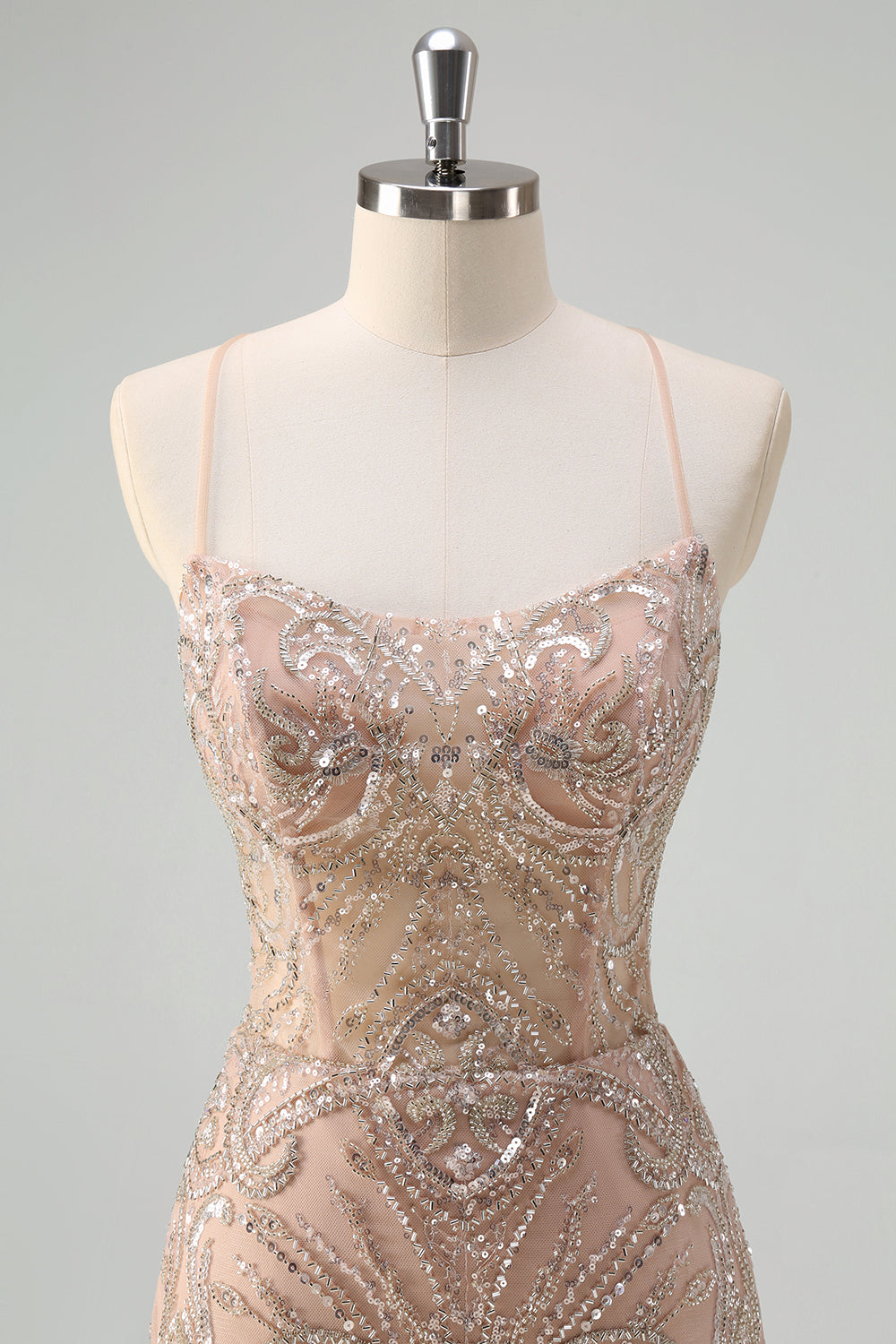 Sparkly Mermaid Champagne Spaghetti Straps Long Prom Dress