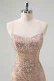 Sparkly Mermaid Champagne Spaghetti Straps Long Prom Dress