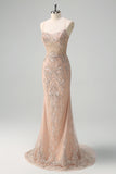 Sparkly Mermaid Champagne Spaghetti Straps Long Prom Dress