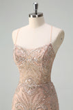 Sparkly Mermaid Champagne Spaghetti Straps Long Prom Dress