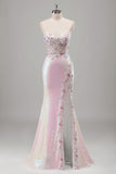 Sparkly Pink Floral Mermaid Sequined Spaghetti Straps Long Prom Dress with Slit