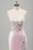 Sparkly Pink Floral Mermaid Sequined Spaghetti Straps Long Prom Dress with Slit