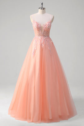 Sparkly Peach Floral A-Line Spaghetti Straps Long Prom Dress