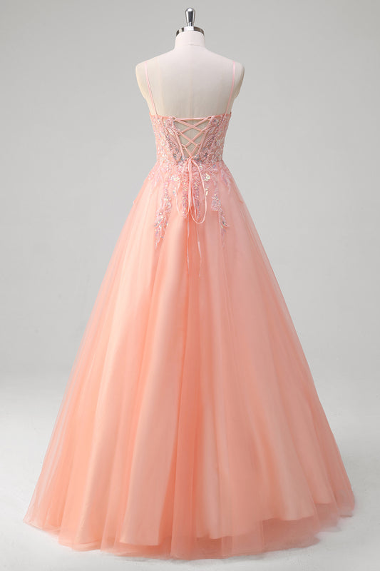 Sparkly Peach Floral A-Line Spaghetti Straps Long Prom Dress