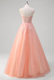 Sparkly Peach Floral A-Line Spaghetti Straps Long Prom Dress