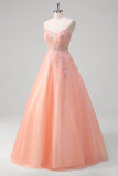 Sparkly Peach Floral A-Line Spaghetti Straps Long Prom Dress