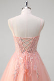 Sparkly Peach Floral A-Line Spaghetti Straps Long Prom Dress