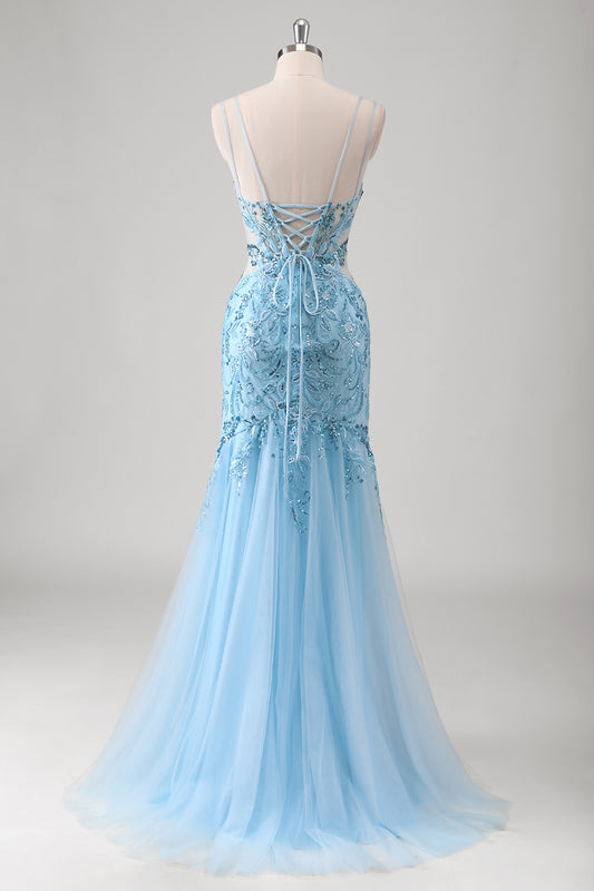 Blue Floral Mermaid Spaghetti Straps Corset Long Prom Dress with Appliques