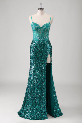 Sparkly Peacock Green Mermaid Applique Sequined Long Prom Dress with Slit