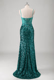 Sparkly Peacock Green Mermaid Applique Sequined Long Prom Dress with Slit