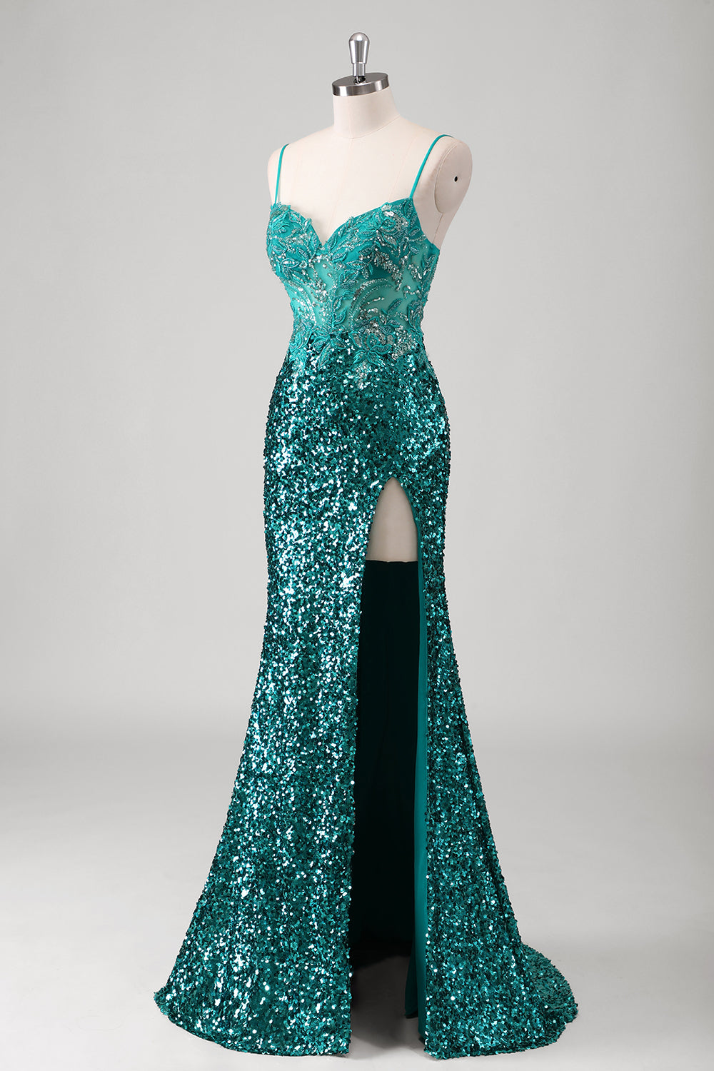 Sparkly Peacock Green Mermaid Applique Sequined Long Prom Dress with Slit