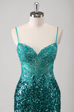 Sparkly Peacock Green Mermaid Applique Sequined Long Prom Dress with Slit