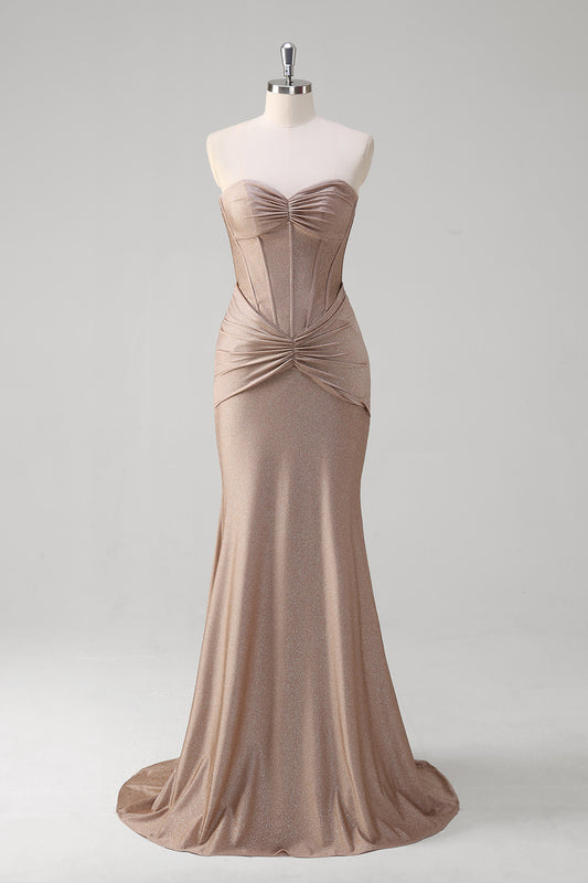 Sparkly Khaki Mermaid Sweetheart Satin Long Prom Dress