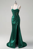 Glitter Dark Green Mermaid Corset Ruched Metallic Prom Dress with Slit